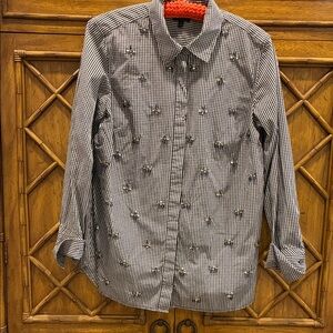 Talbots Black and White Gingham Button-Up Blouse with Bee gemstones